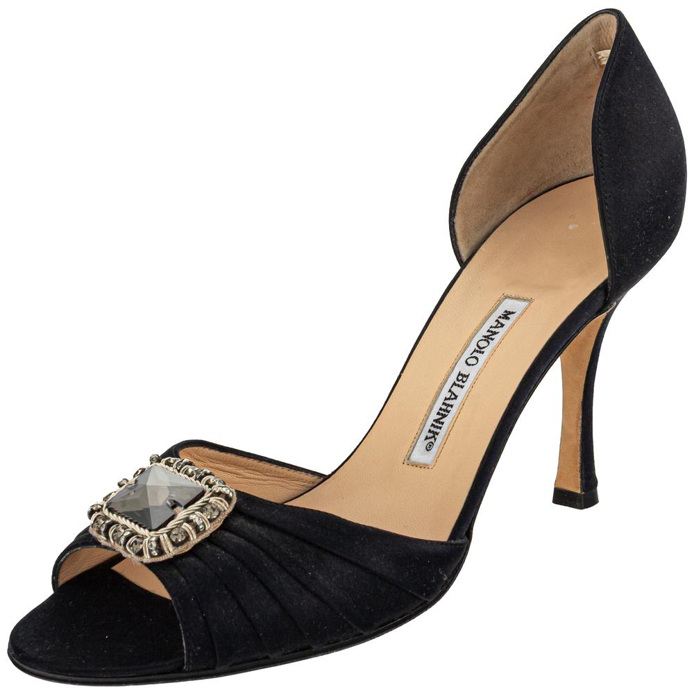 Manolo Blahnik Size 40 Black Satin Crystal Heels