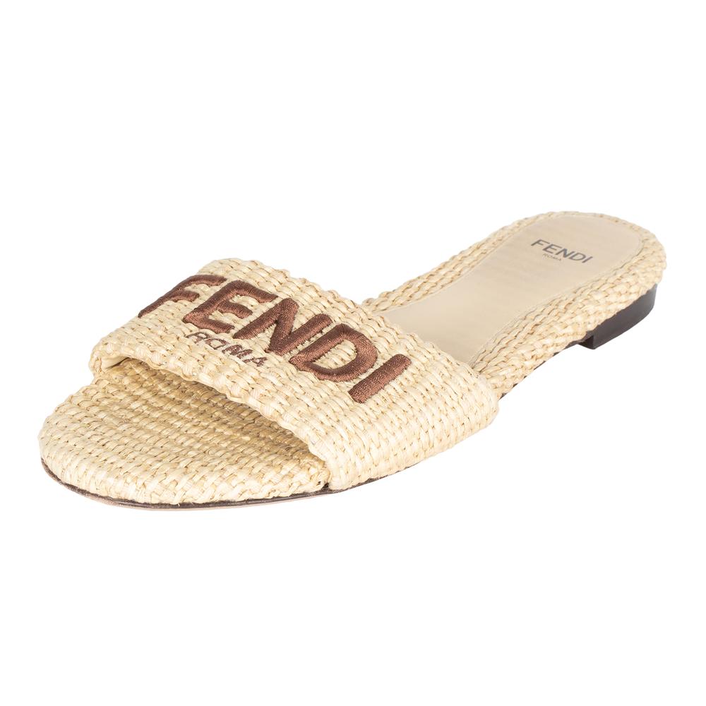 Fendi Signature Size 37.5 Raffia Slides