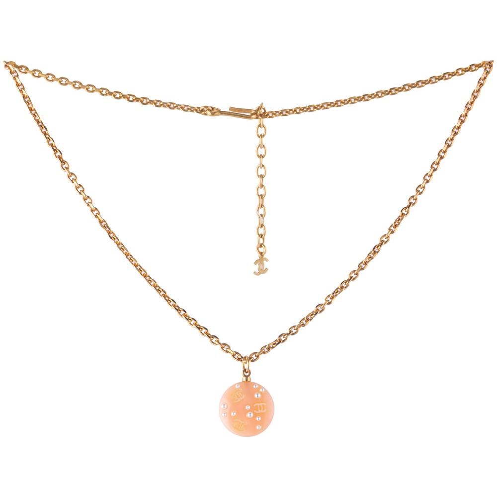 Chanel Vintage 24k Gold Plated Peach Cc Pendant Necklace