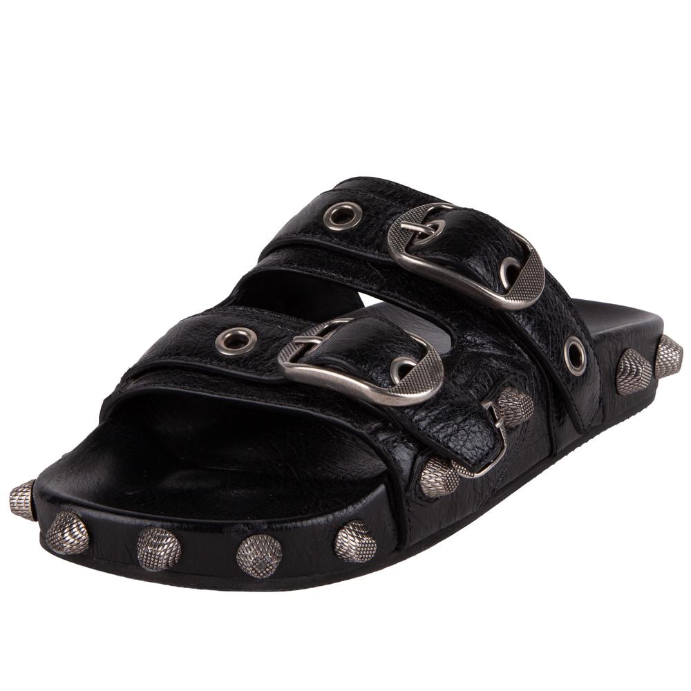 Balenciaga Size 38 Black Leather Studded Slides