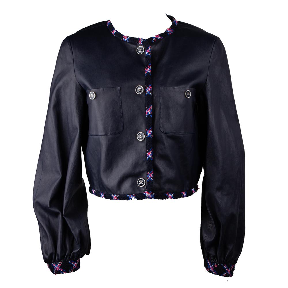 Chanel Size 38 Navu Blue Snap Leather Jacket