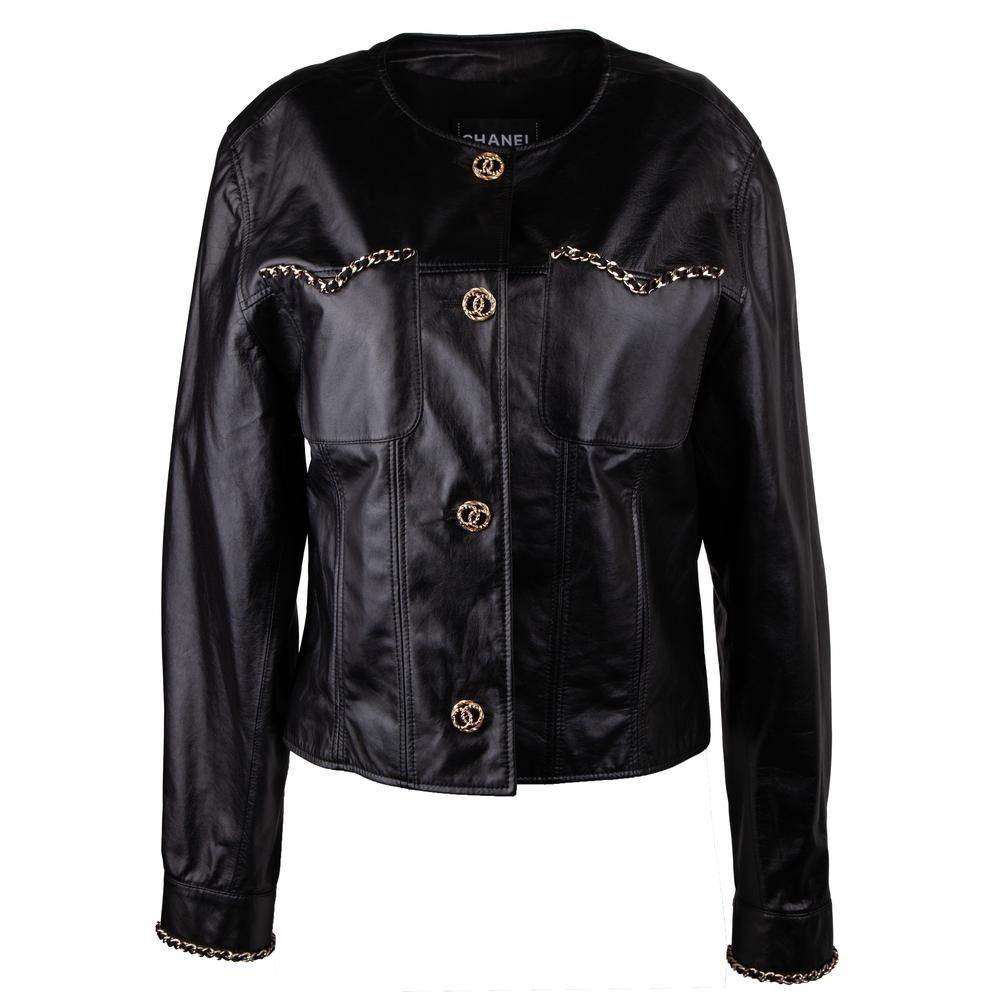 Chanel Size 36 Black Leather Button Down Coat
