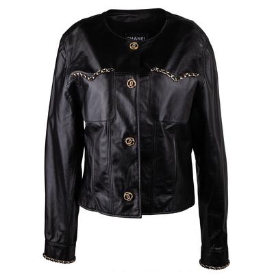 Chanel Size 36 Black Leather Button down Coat