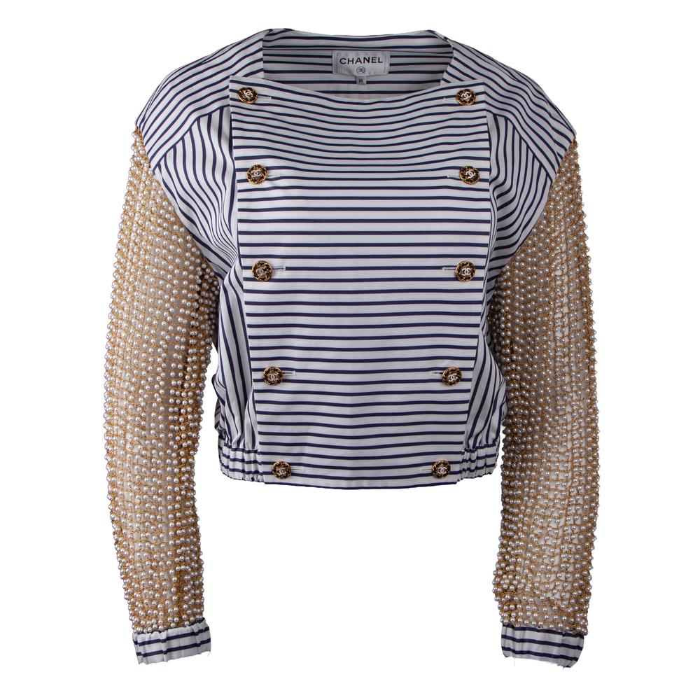 Chanel Size 36 Beaded Striped Button Up Top