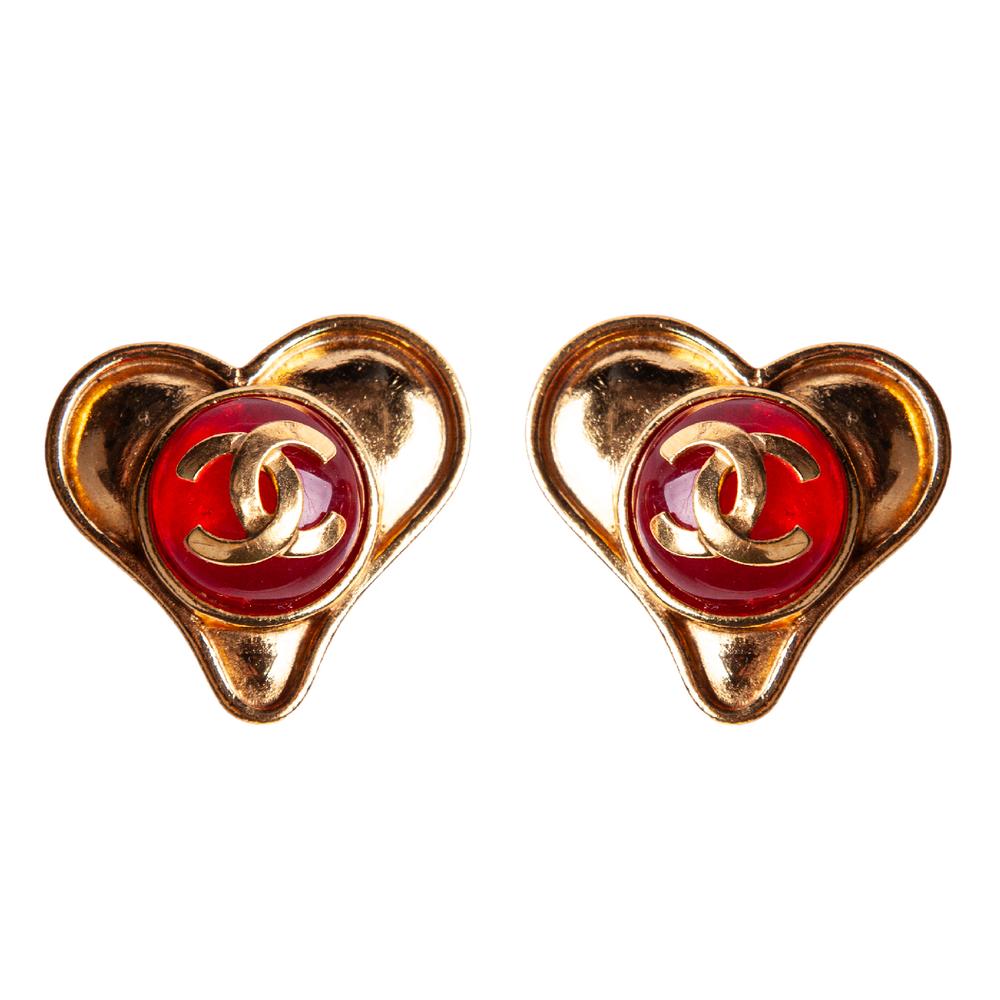Rare Vintage Chanel Red Heart Clip On Earrings