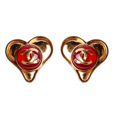 Rare Vintage Chanel Red Heart Clip On Earrings