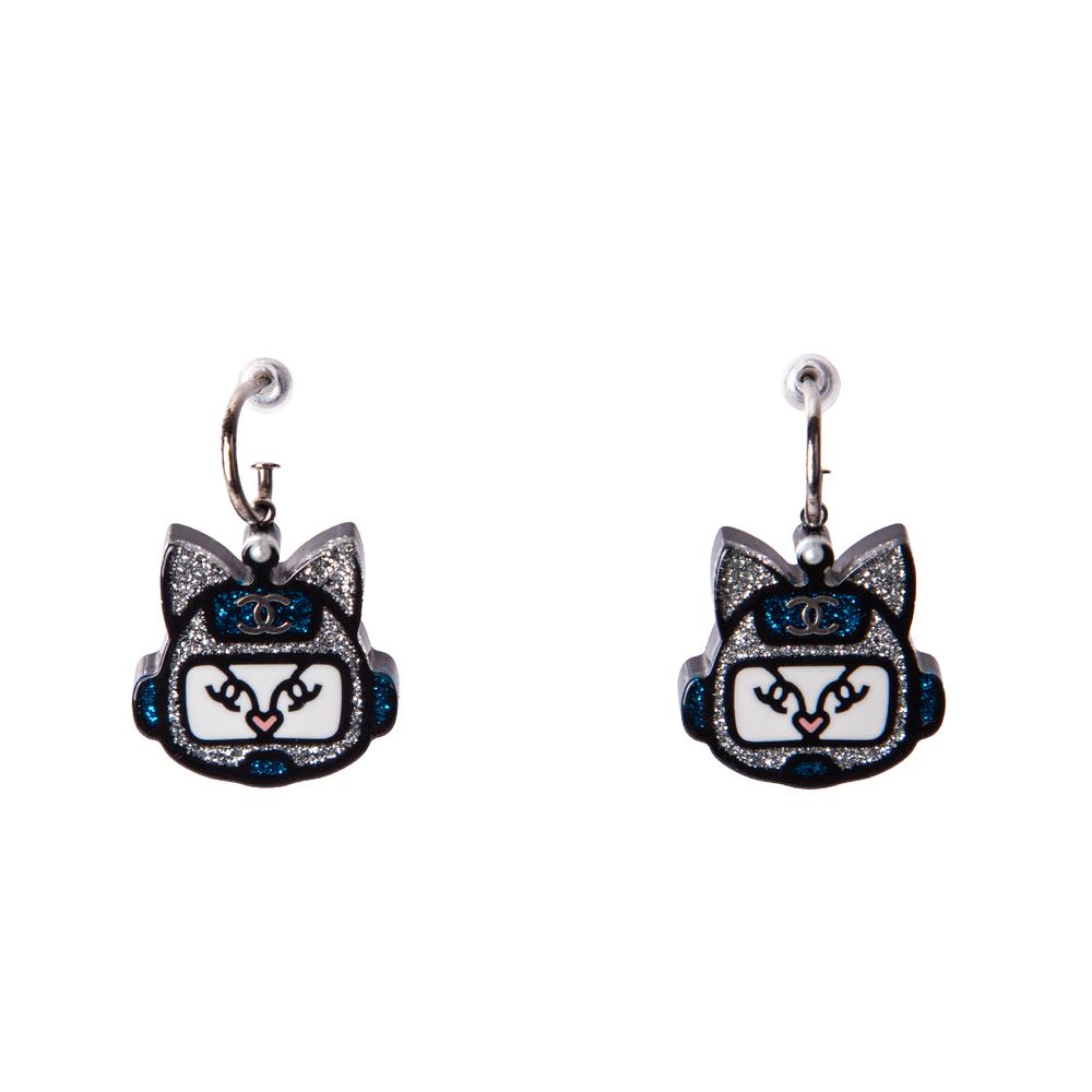 Chanel Blue Glitter Cat Earrings
