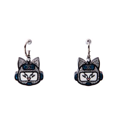 Chanel Blue Glitter Cat Earrings