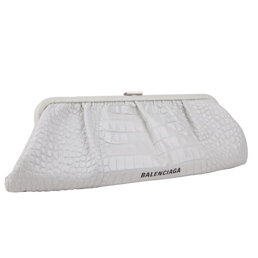 Balenciaga White Crododile Embossed Leather Clutch