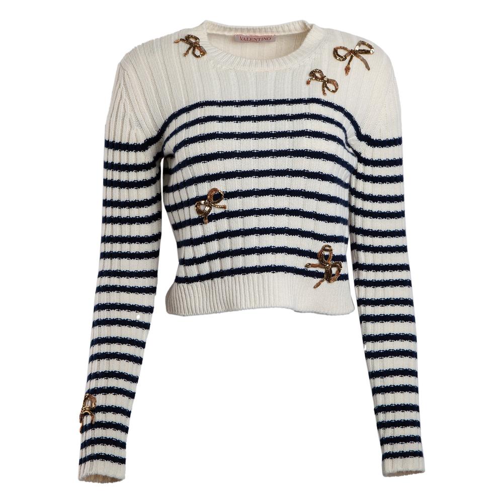 Valentino Off White Large Bow Striped Sweater