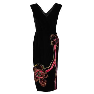 Prada Size 40 Velvet Midi Dress with Flower