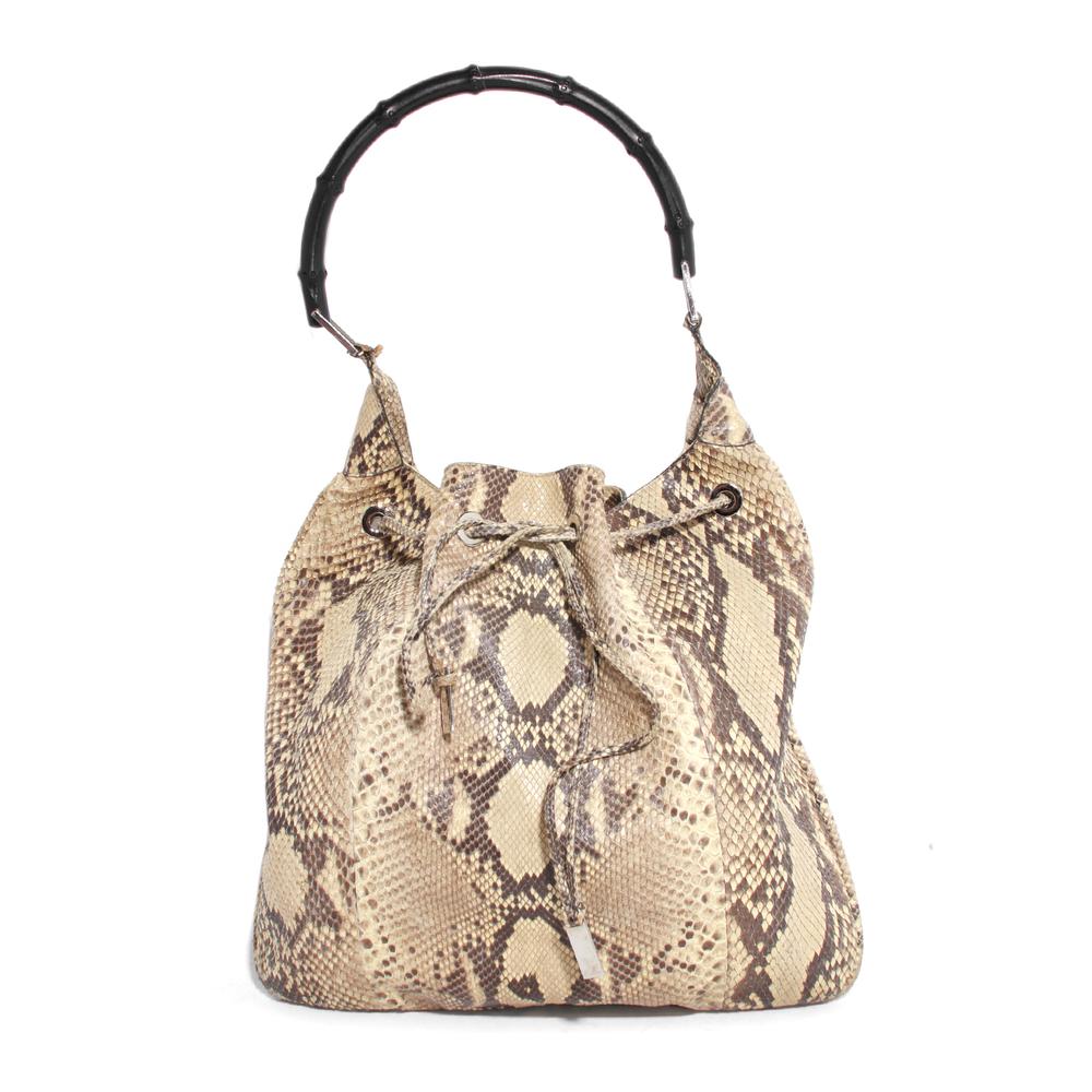  Gucci Tan Python Leather Bamboo Handle Handbag