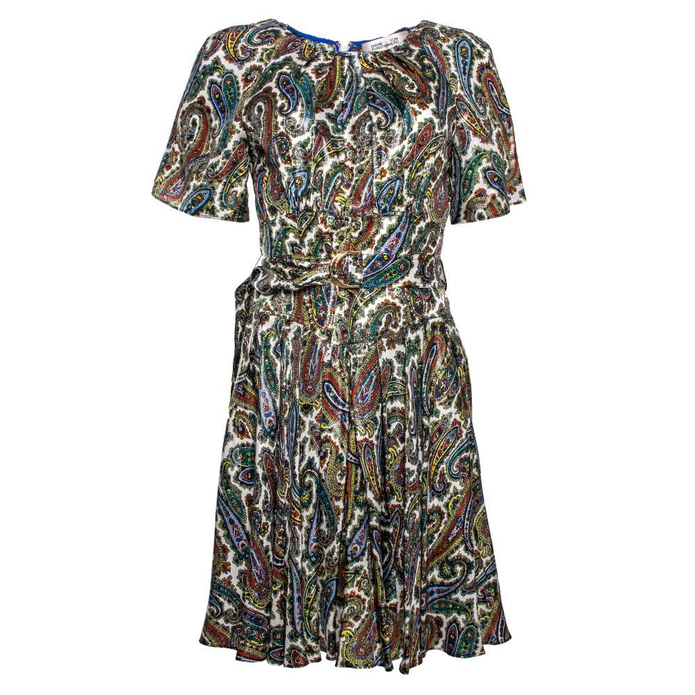 Diane Von Furstenberg Size 8 Metallic Silk Multicolor Dress