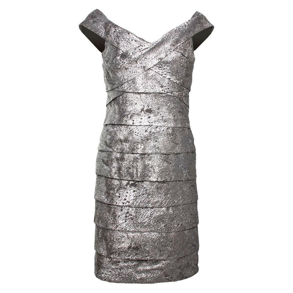  Rene Ruix Size 6 Metallic Silver Extendable Long Evening Dress