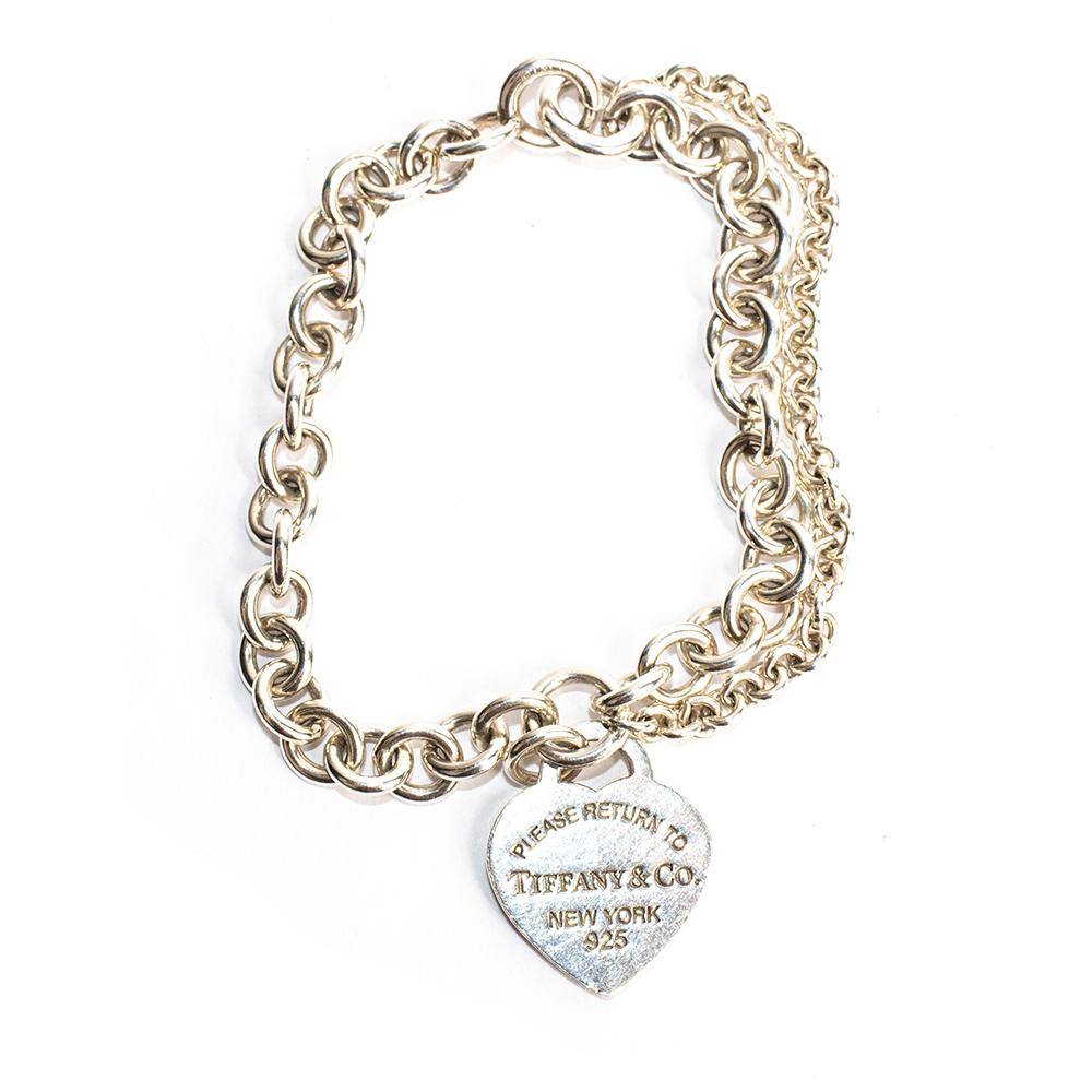  Tiffany & Co.Silver Double Chain Heart Pendant Bracelet