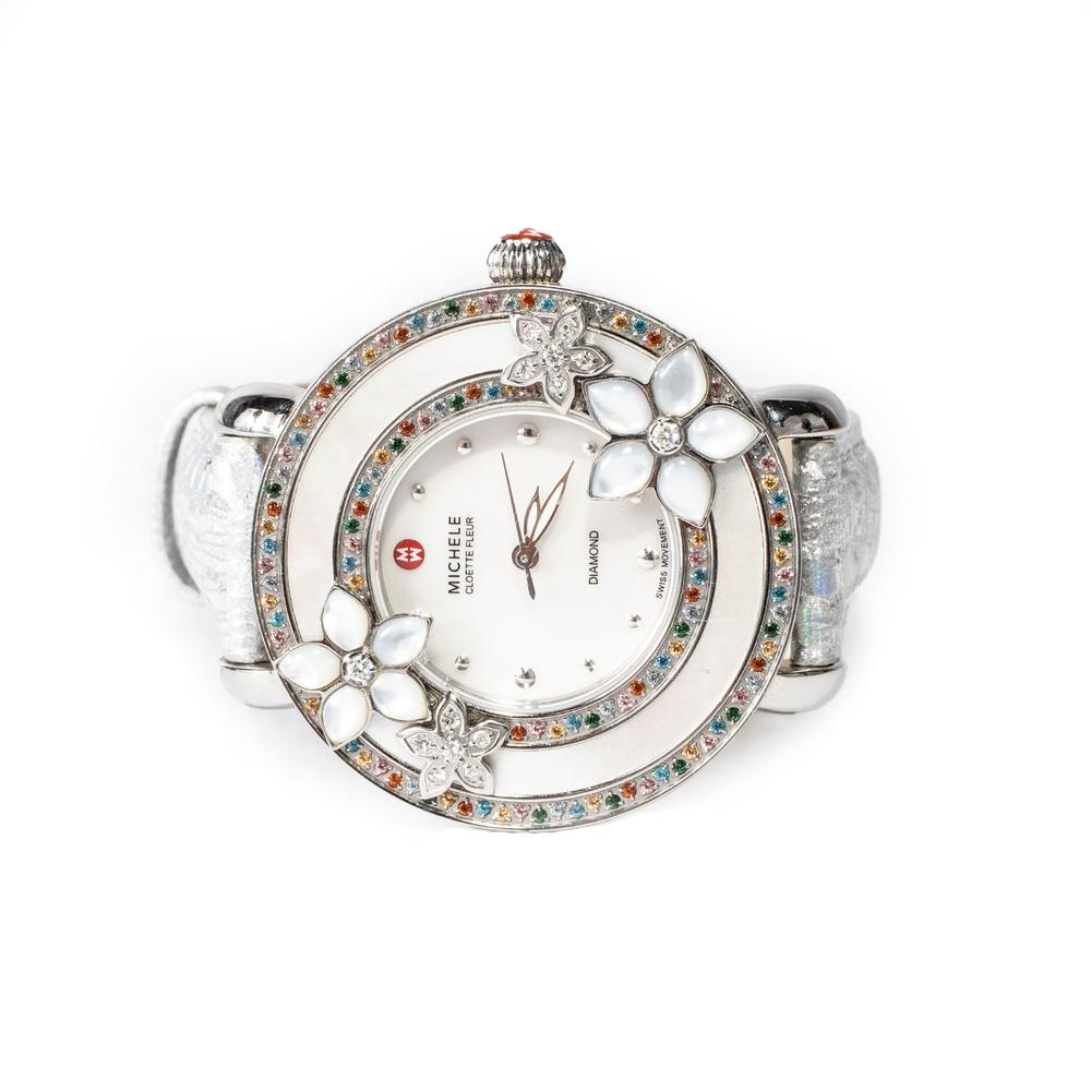  Michele Flower Diamond Bezel Silver Strap Watch