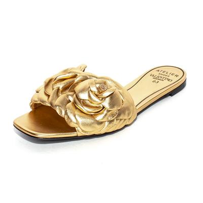 Valentino Size 38.5 Gold Leather Atelier 2003 Rose Edition Slides