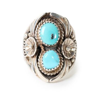 SC Sterling Silver Double Turquoise Flower Rope Band Ring