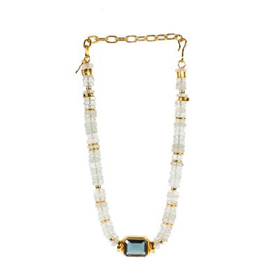 Gold Tone Teal SQ Clear Disk Collar Necklace 