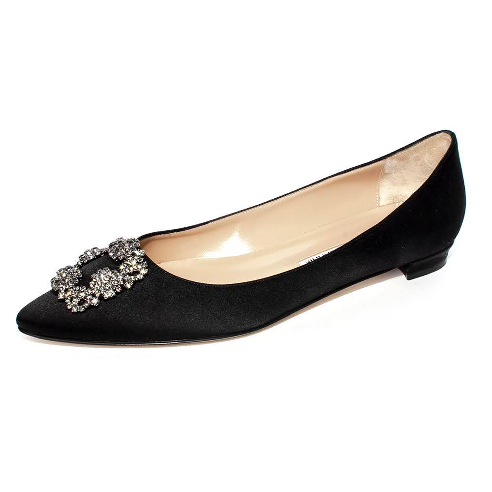  Manolo Blahnik Size 40 Black Satin Crystal Embellished Pointed Toe Shoes