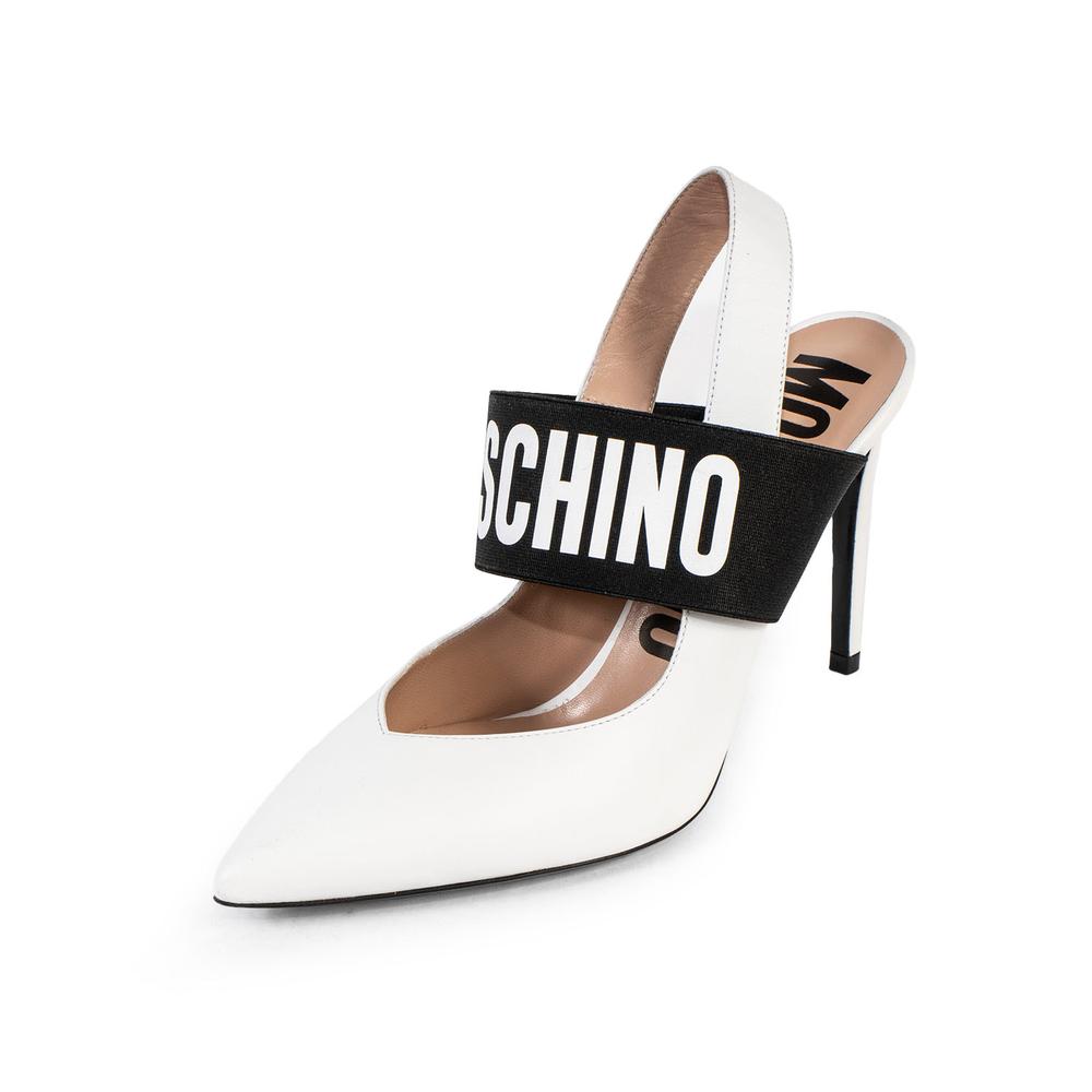  Moschino Size 39 White Sling Bag Logo Heels