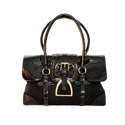 Ralph Lauren Black Canvas Patent Leather Handbag 