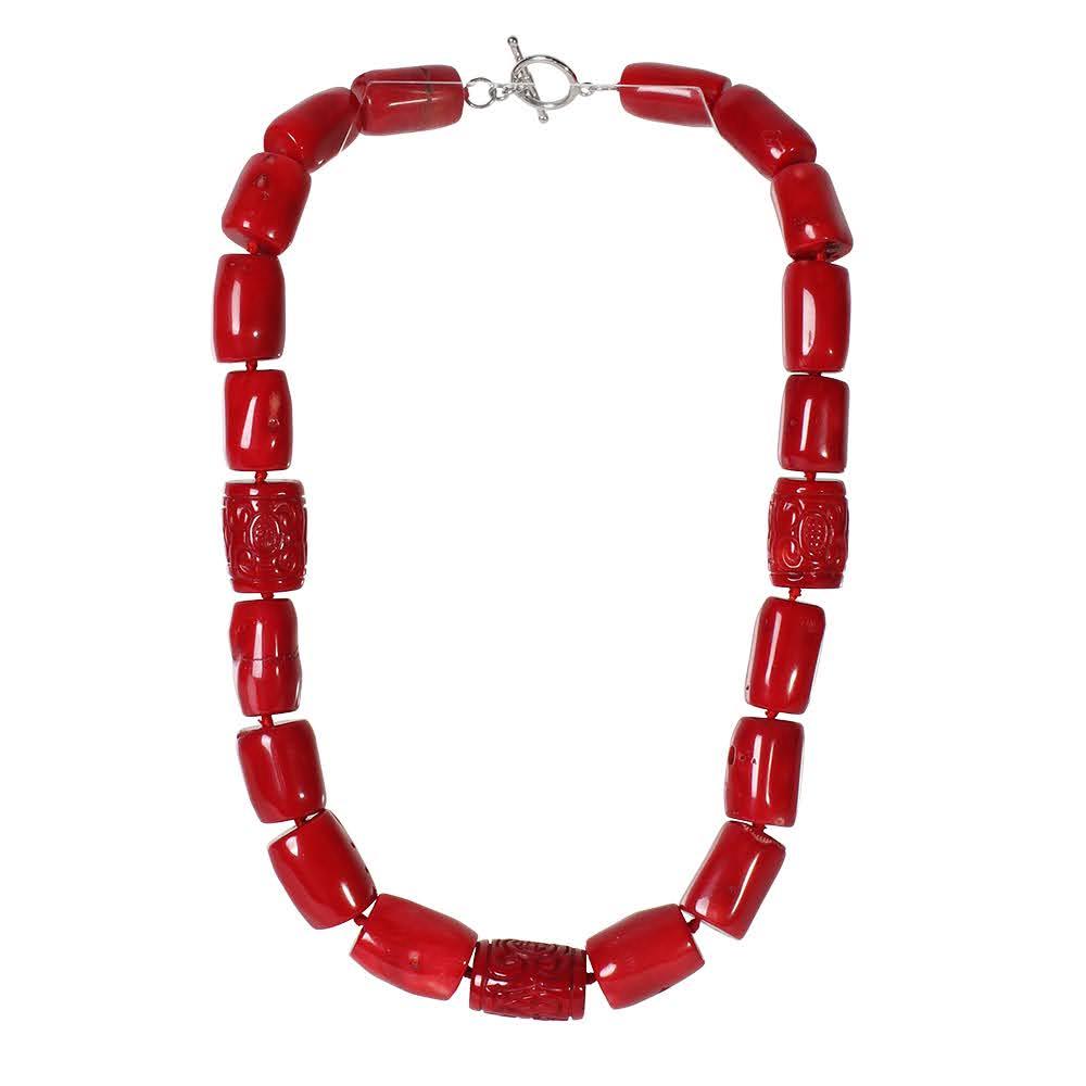  Carved Coral Barrel Bead Necklace