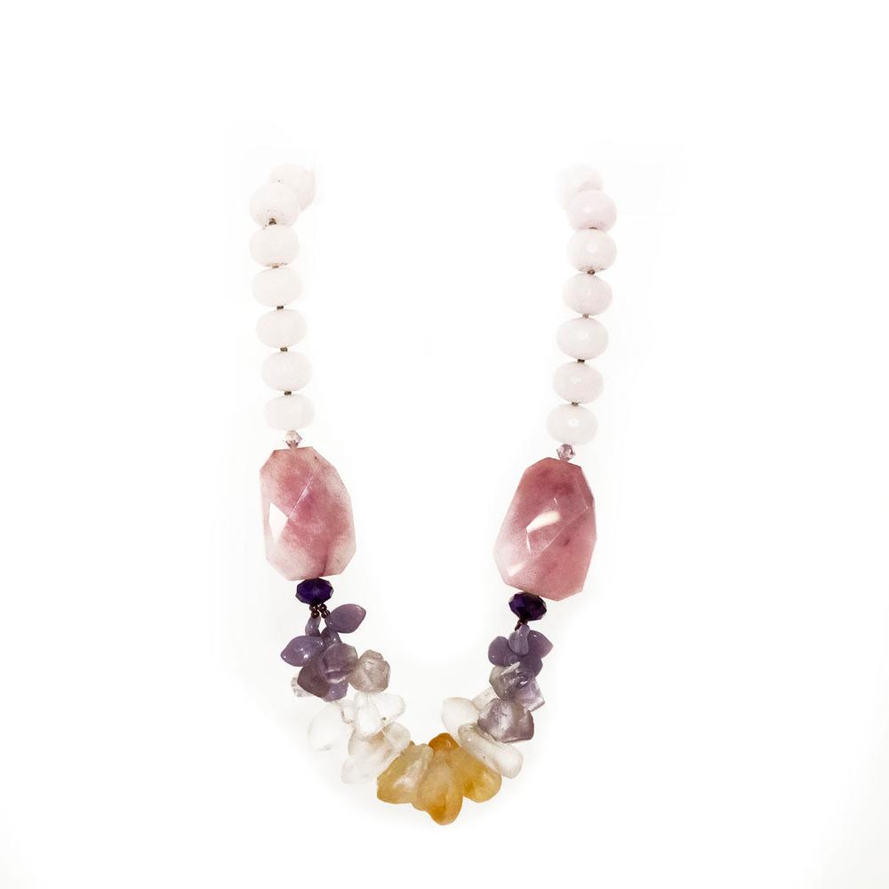  Pink Rose Quartz Bead & Amethyst Slab Crystal Necklace