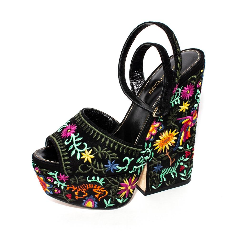  Sergio Rossi Size 37 Black Embroidered Wedges