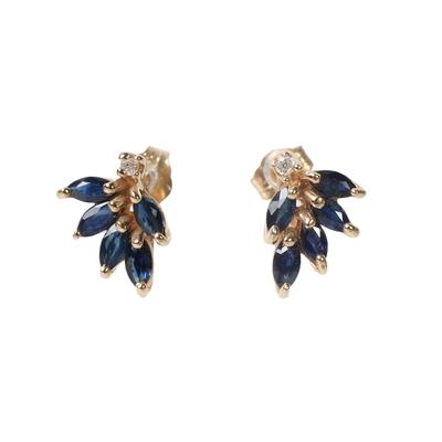 14 Karat Yellow Gold Diamond Sapphire Fan Post Earrings 