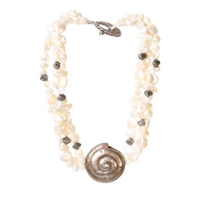 3 Row Pearl Necklace With Silver Snail Shell Pendant 