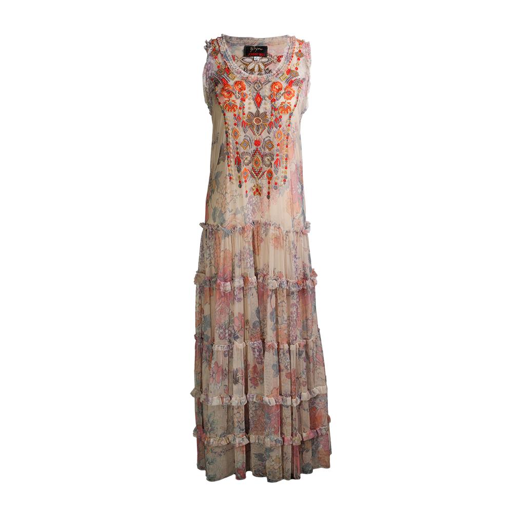  Biya By Johnny Was Size Xs Embroidered Floral Print Mesh Maxi Dress