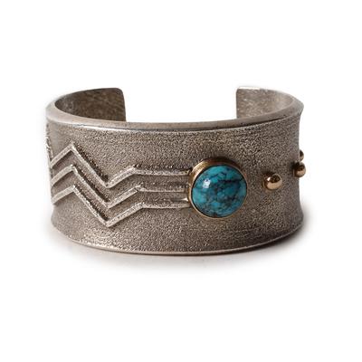 E Cummings Silver Cuff With 14 Karat Yellow Gold And  Turquoise Stone
