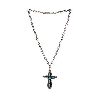 C. Iule Mexico Sterling Silver Oval Link Necklace With Turquoise Cross Pendant 