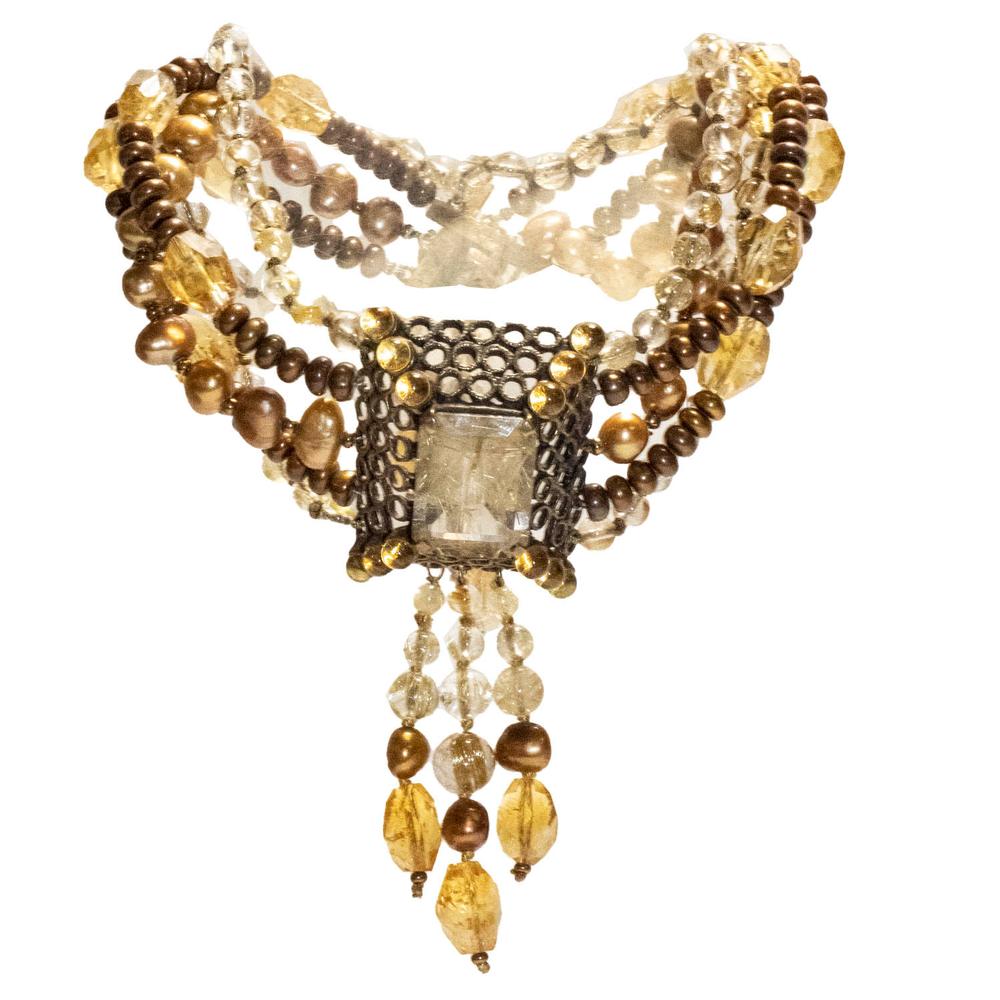  S.Dweck : Yellow 5 Row Pearl, Citrine & Rutile Necklace