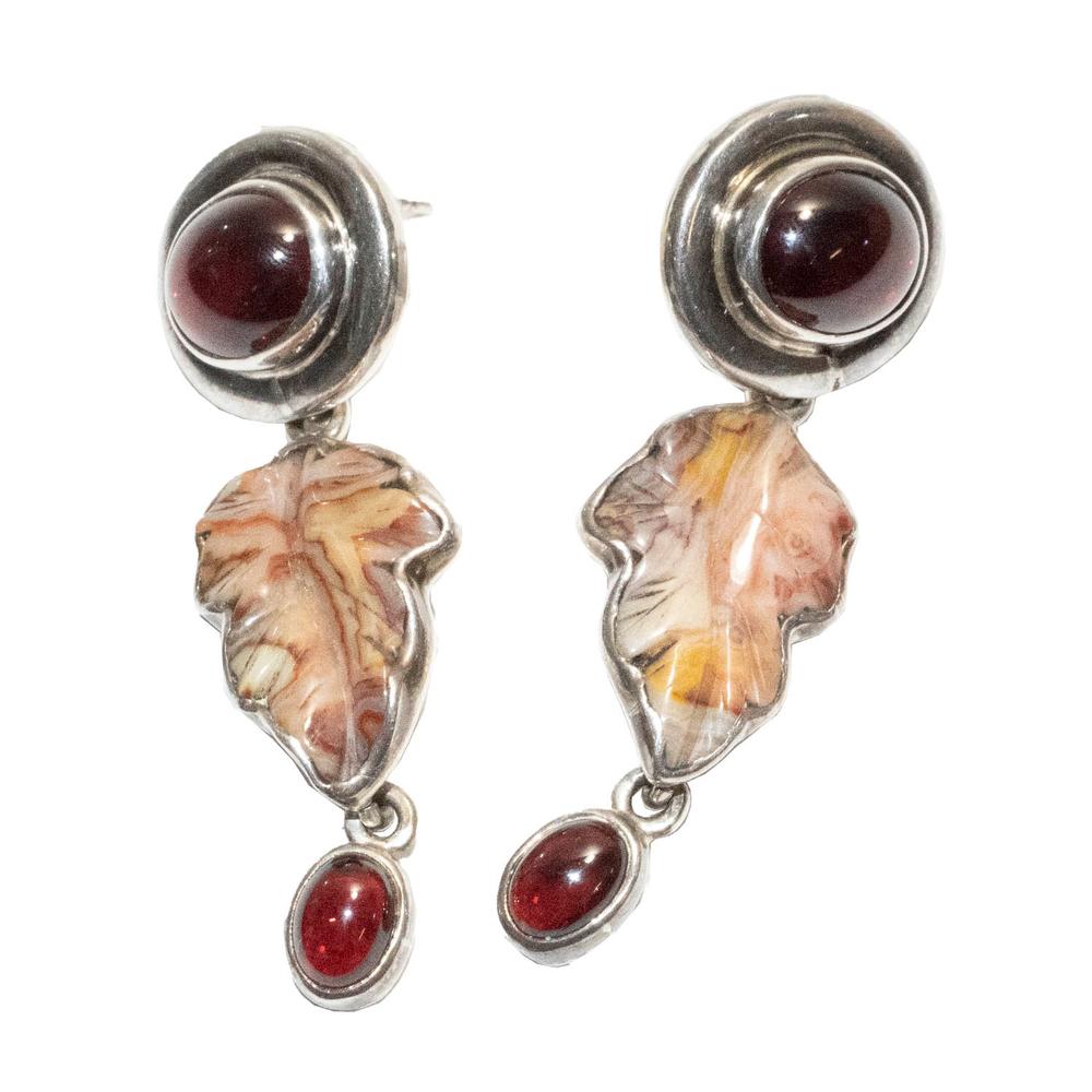 A.K.Russel Silver Carved Agate Leaf Red Earrings