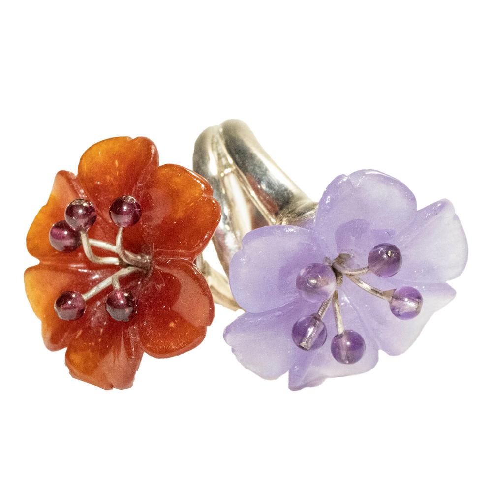  Lavender & Red Jade Flower Silver Size 6 Ring