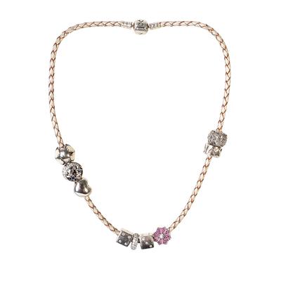 Pandora Sterling Silver Charms on Braided Leather Cord Necklace