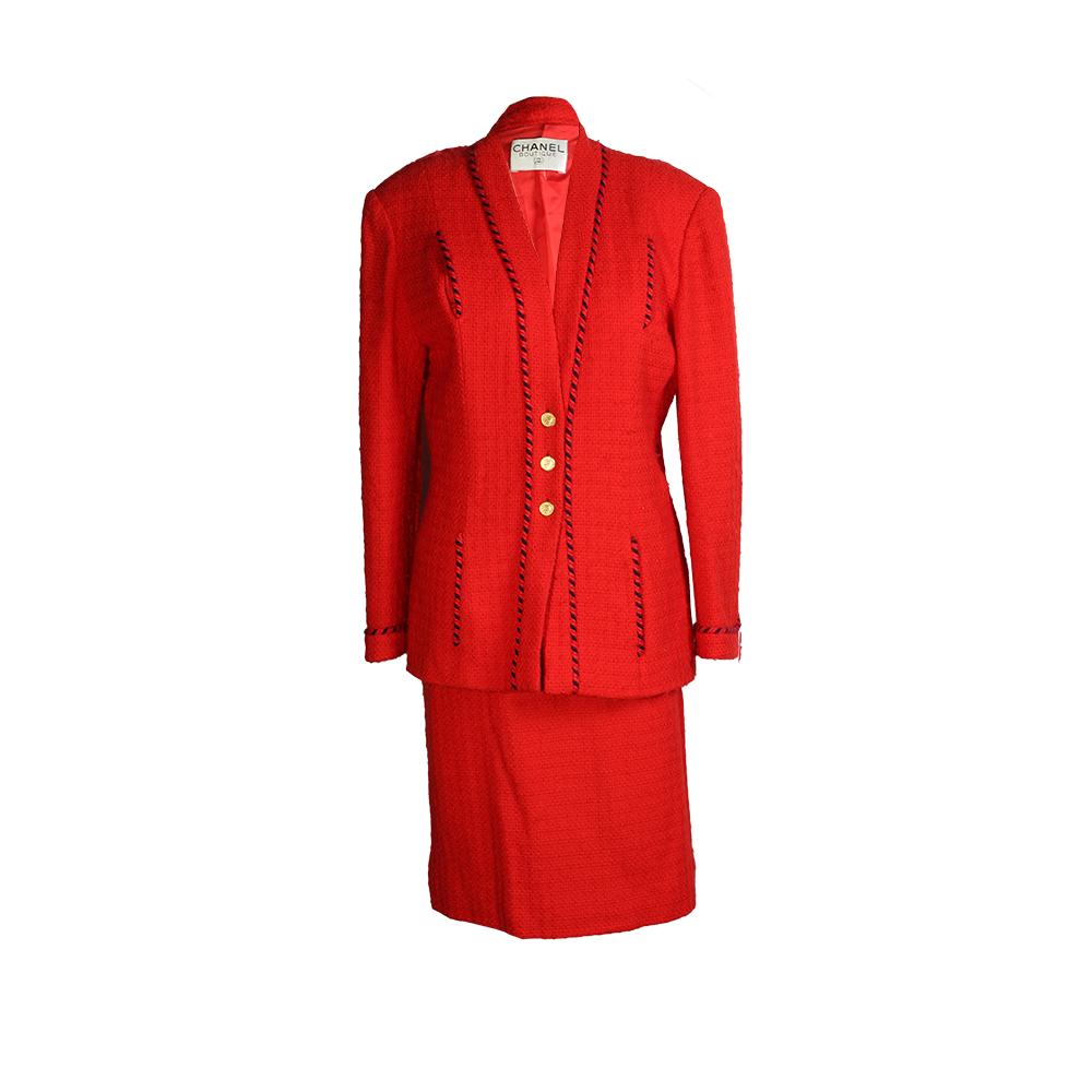  Chanel Size Small Red Tweed Jacket & Skirt Set