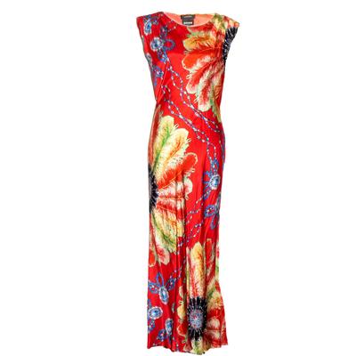 New Just Cavalli Size 44 Regular Red Silk Patterned Maxi Dress