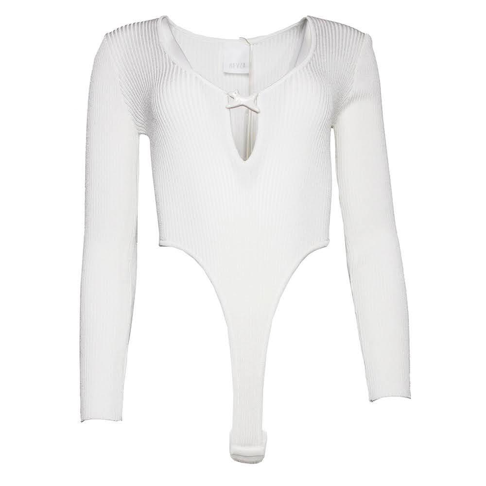  New Bevza Size Medium White Ribbed Plunge Neckline Bodysuit