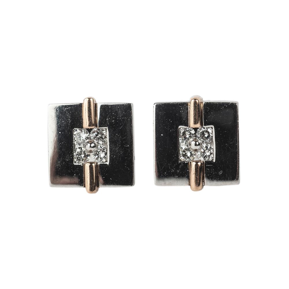  Silver 2 Tone Diamond Square Post Earrings