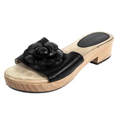 Chanel Size 37 Black Wood Sandals 