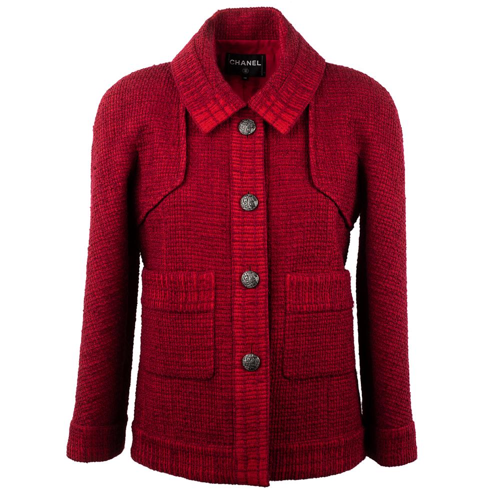  Chanel Size 38 Red Tweed Button Down Jacket