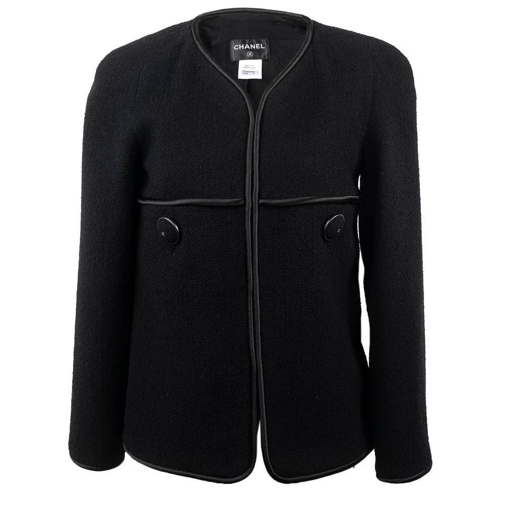  Chanel Size 38 Black Tweed Large Button Hook Jacket