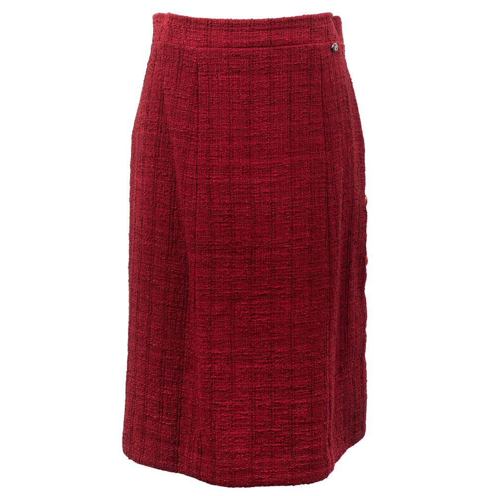  Chanel Size 40 Red Tweed Mid Length Skirt