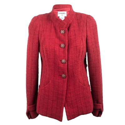  Chanel Size 40 Red Tweed 2 Pocket Jacket 