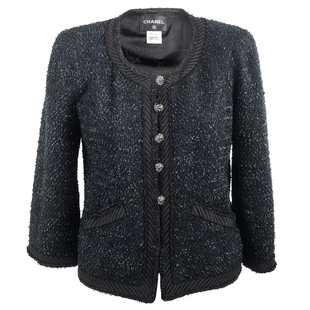  Chanel Size 38 Navy Tweed 2 Pocket Button Down Jacket