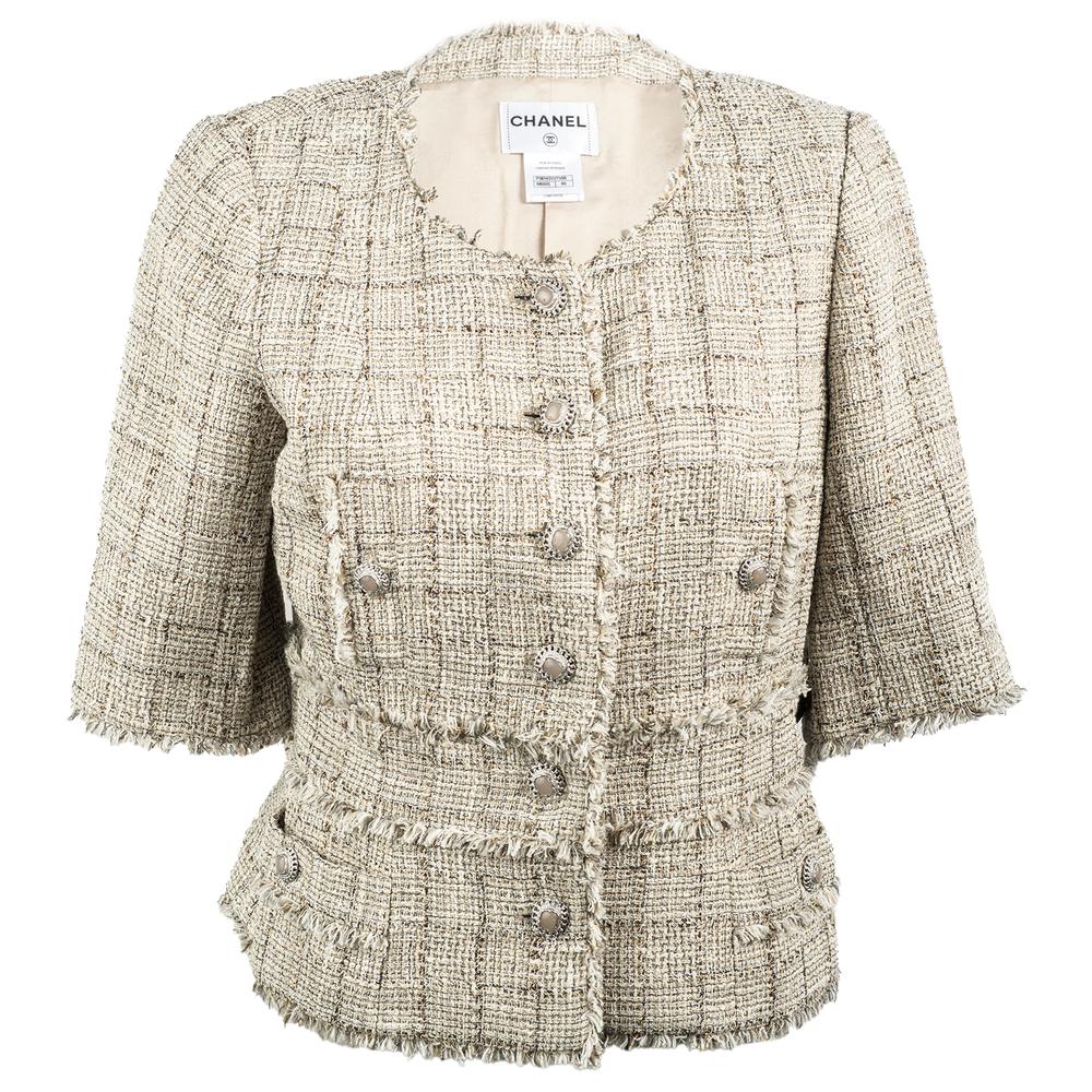  Chanel Size 40 Gold Tweed Fringed Trim Button Down Jacket