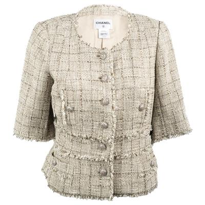 Chanel Size 40 Gold Tweed Fringed Trim Button Down Jacket 